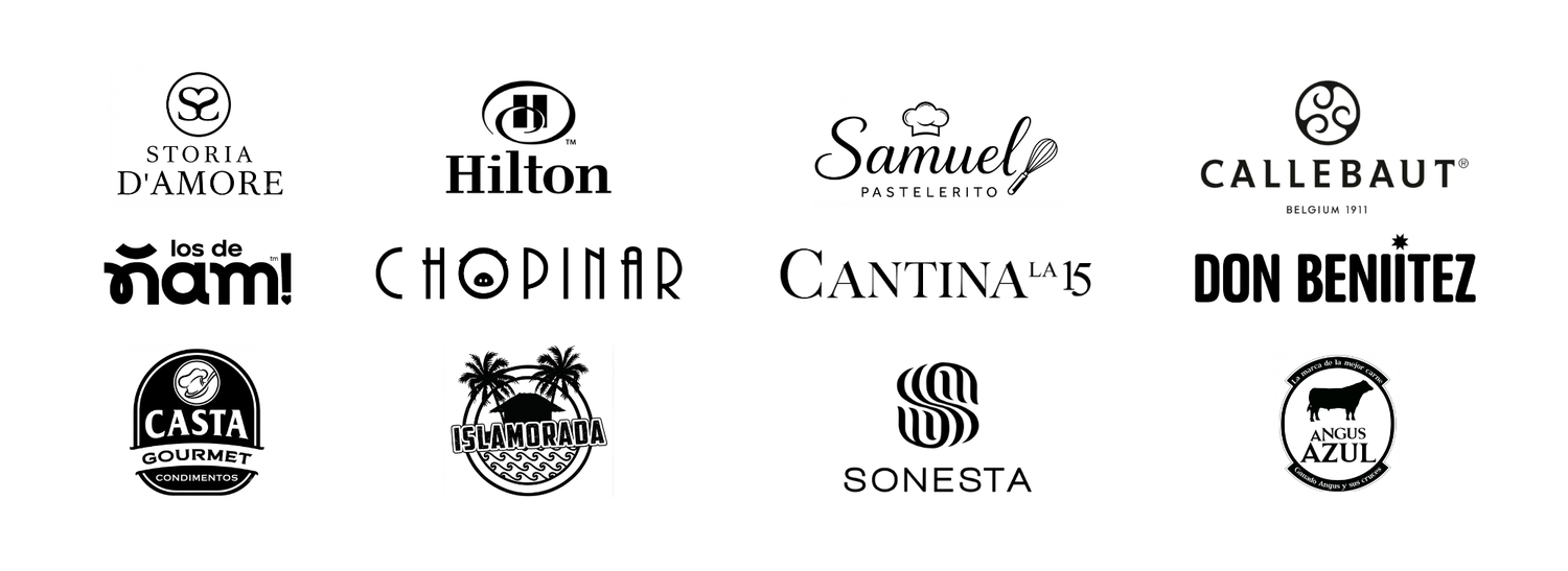 Collection of restaurant and hotel brand logos including Hilton, Callebaut, Chopinar, Cantina, Don Benitez, Sonesta, and more.