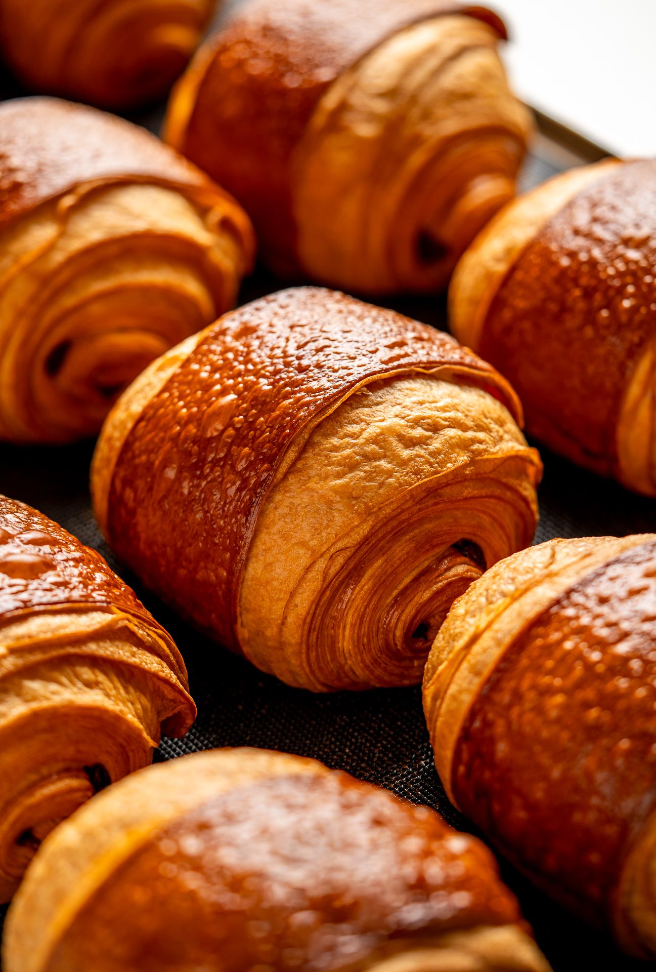 Freshly baked golden pain au chocolat pastries arranged on a baking tray, with flaky layers and glossy tops.