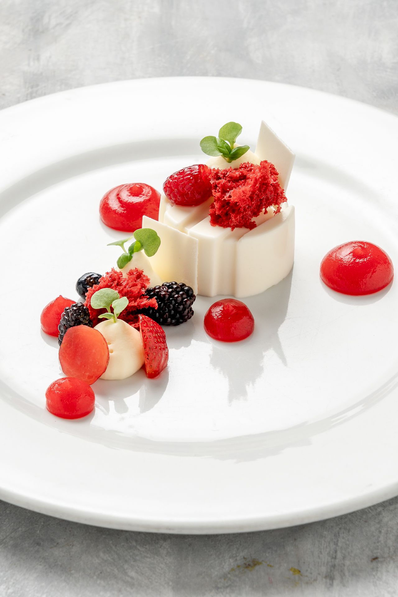 Elegant white panna cotta dessert with raspberry sorbet, fresh blackberries, and red berry spheres on a white plate.