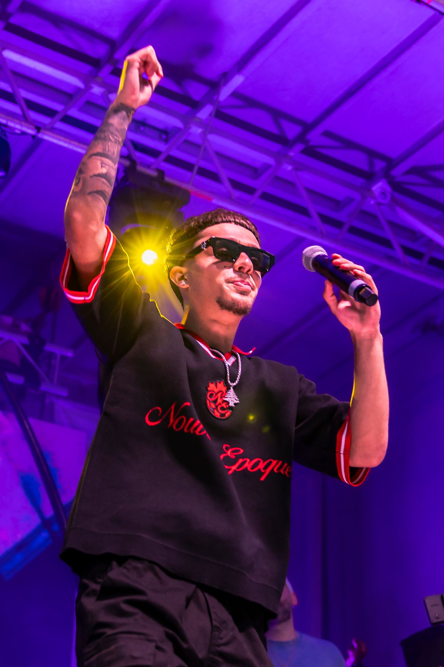 A performer in sunglasses and a black shirt raises one arm and sings into a microphone under purple stage lights.