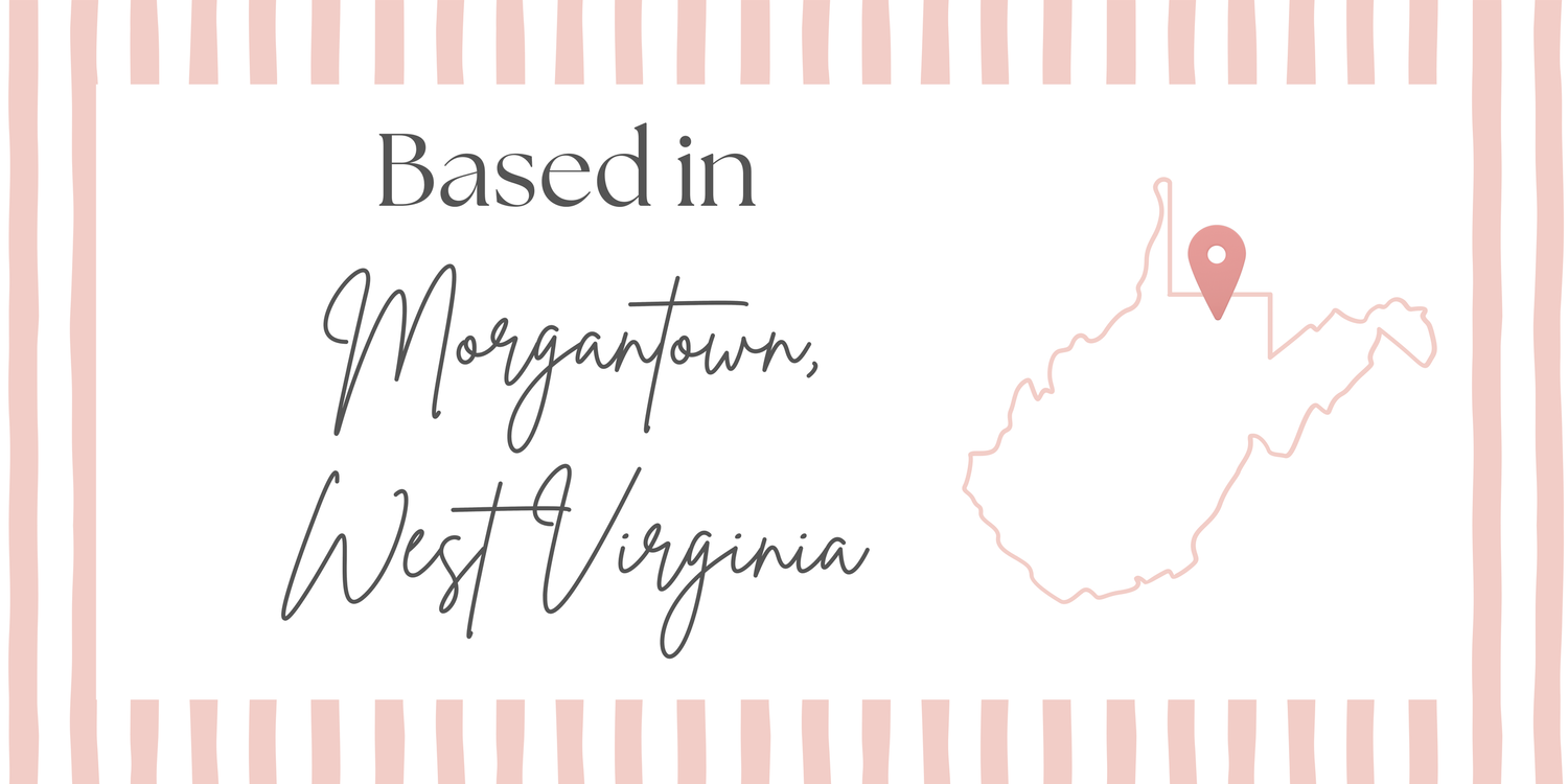 Pink and white striped banner design with location text.