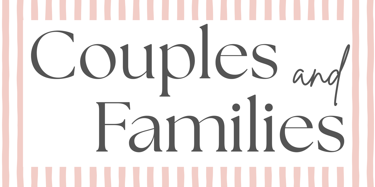Pink and white striped banner with text about couples and families.