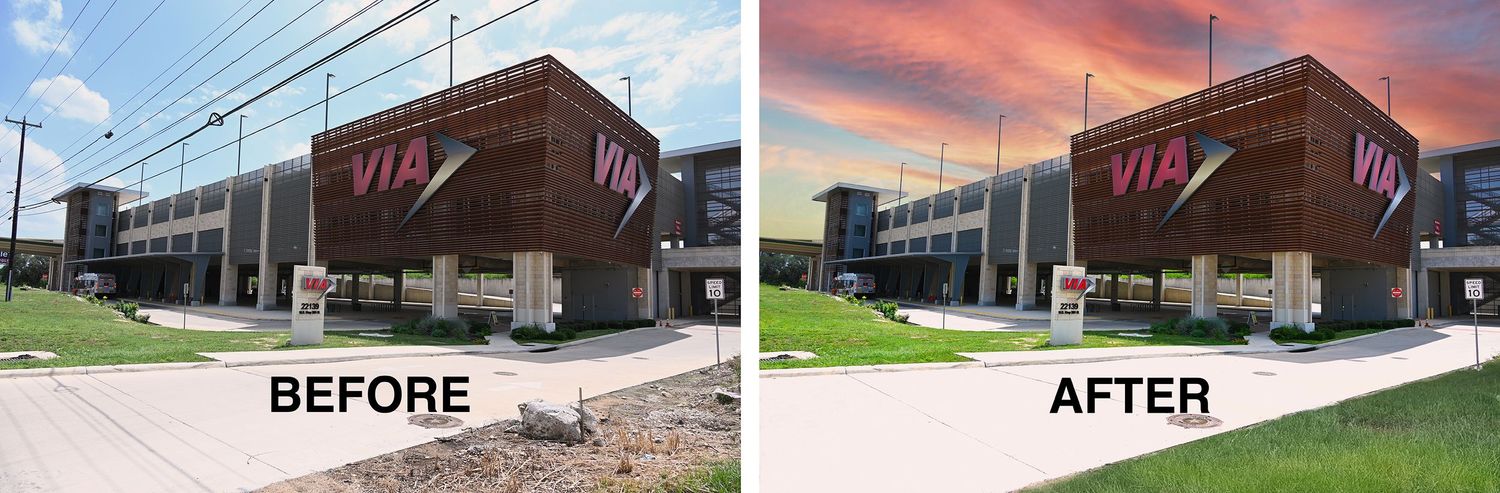 Before and after photo editing comparison of a VIA parking building exterior, showing enhanced sky and vibrant colors in the after image.