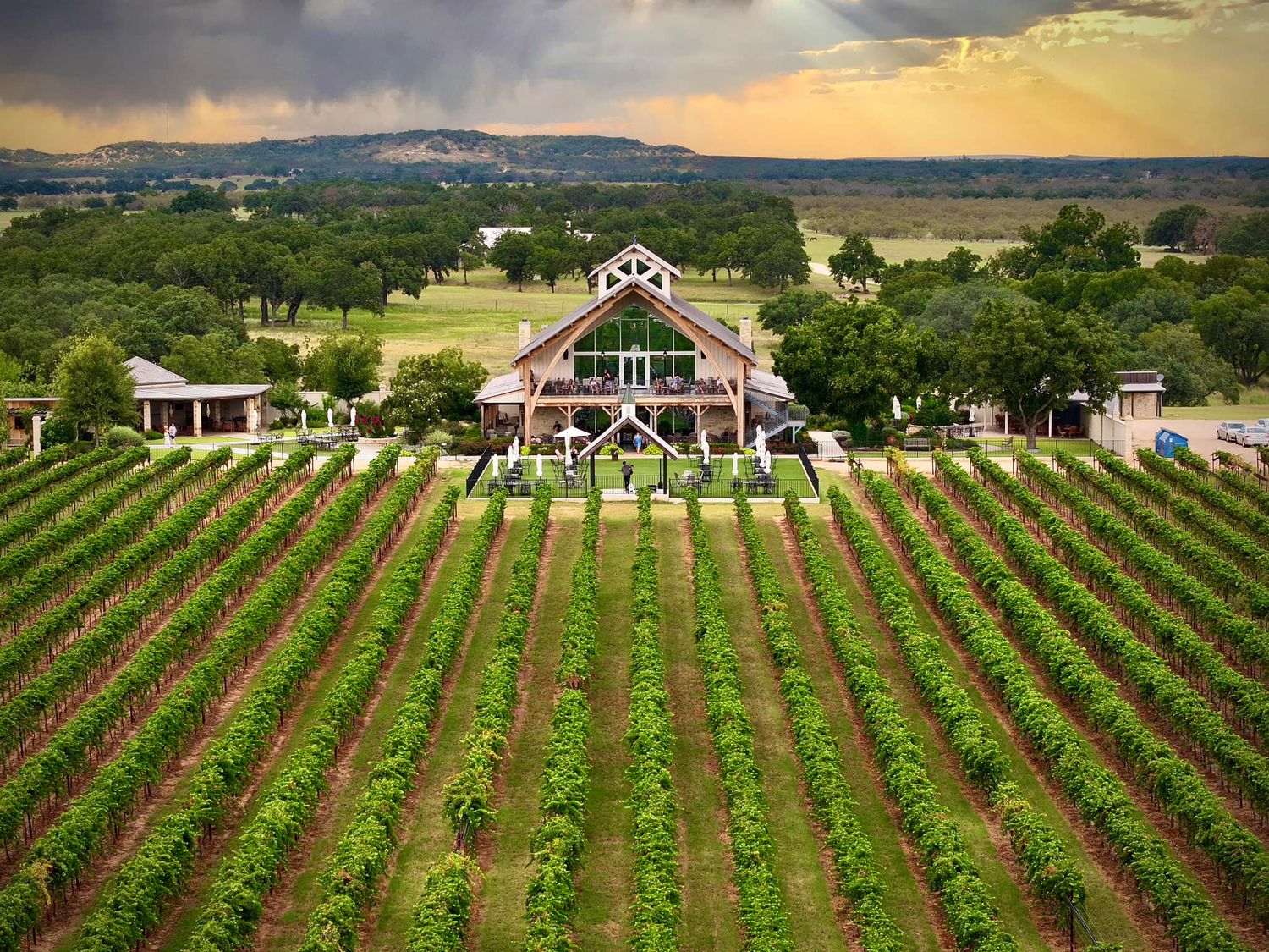 Aerial view of a scenic Texas Hill Country winery with lush green vineyard rows and a charming A-frame club tasting room.