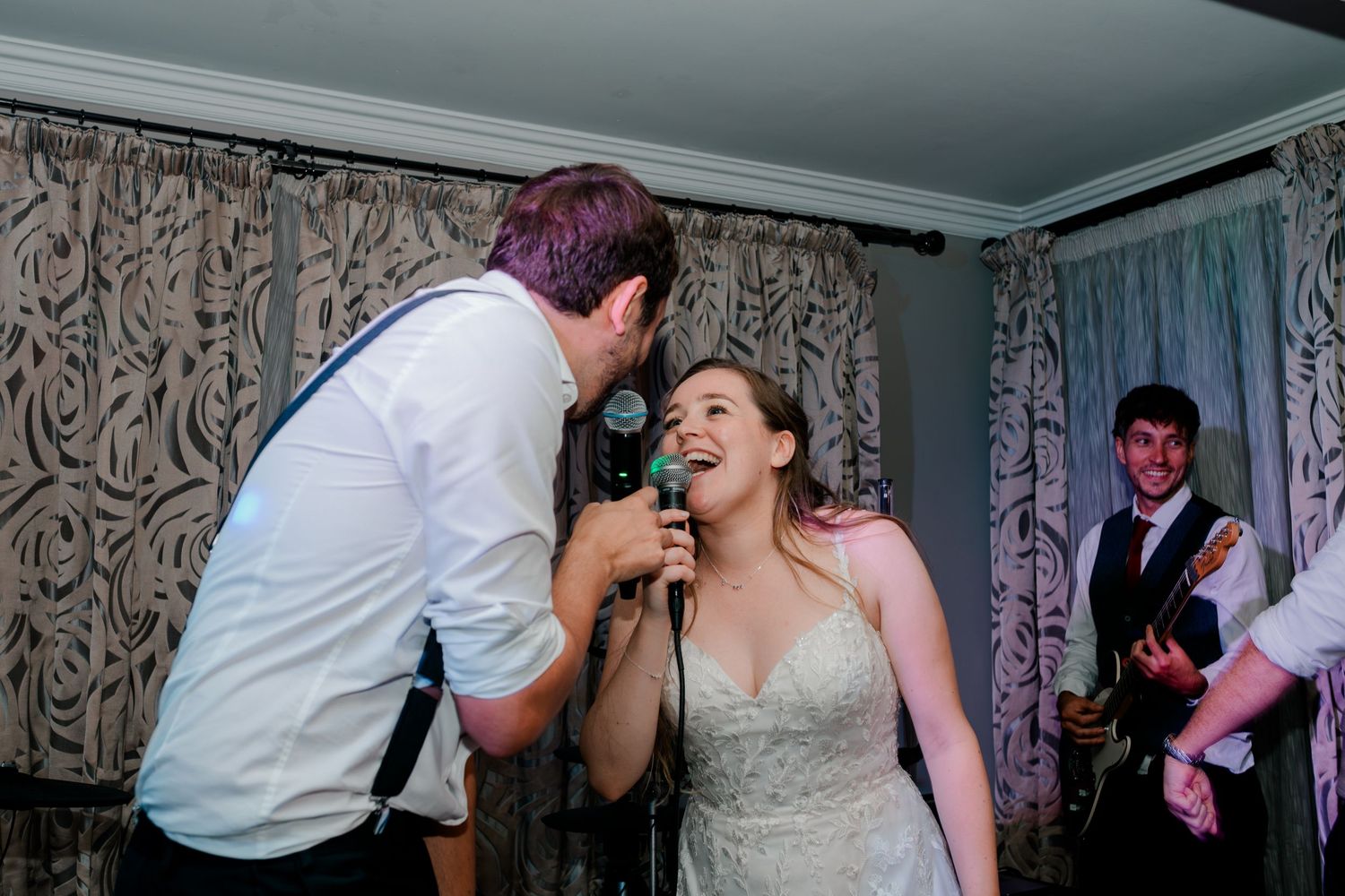 A sequence of wedding dance photos showing a couple sharing romantic moments on the dance floor at their reception.