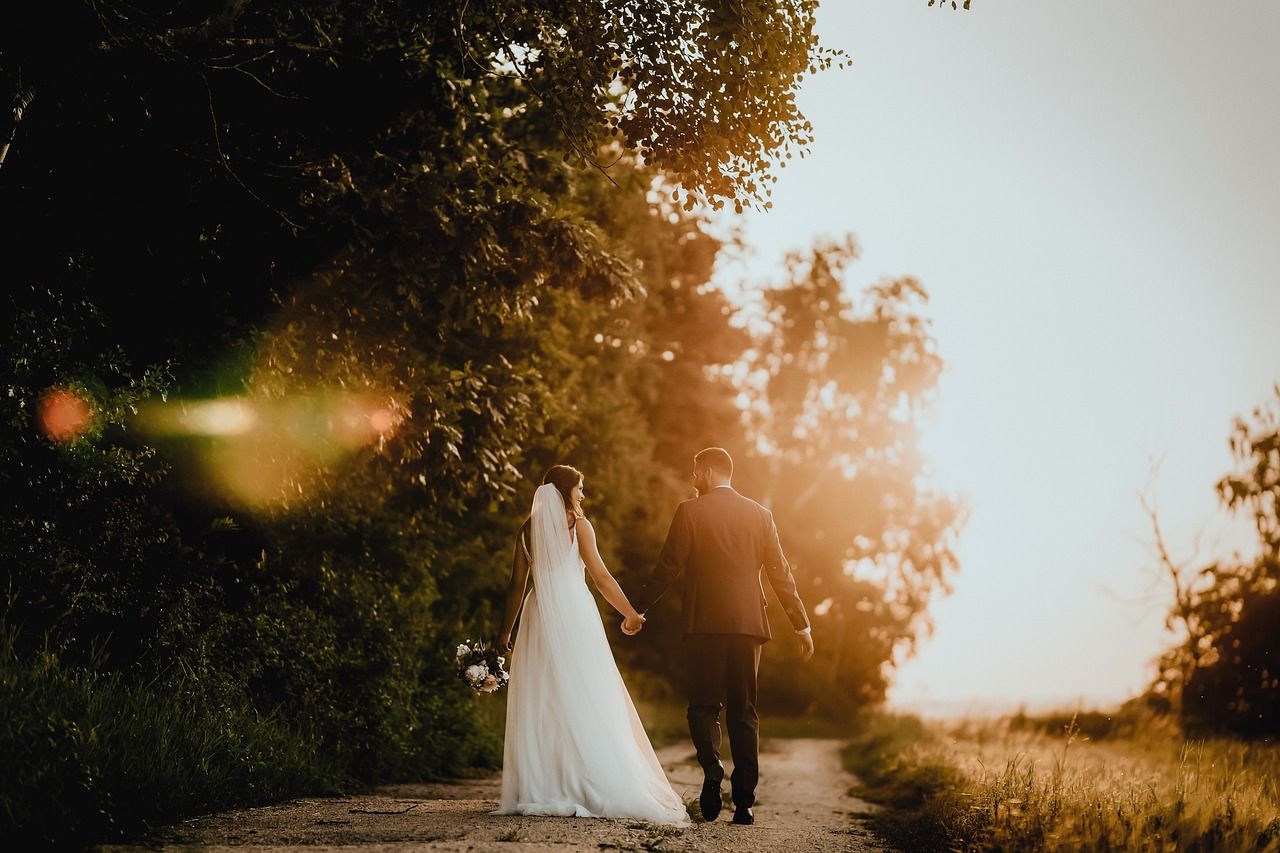 A romantic sunset silhouette of newlyweds walking along a tree-lined path.