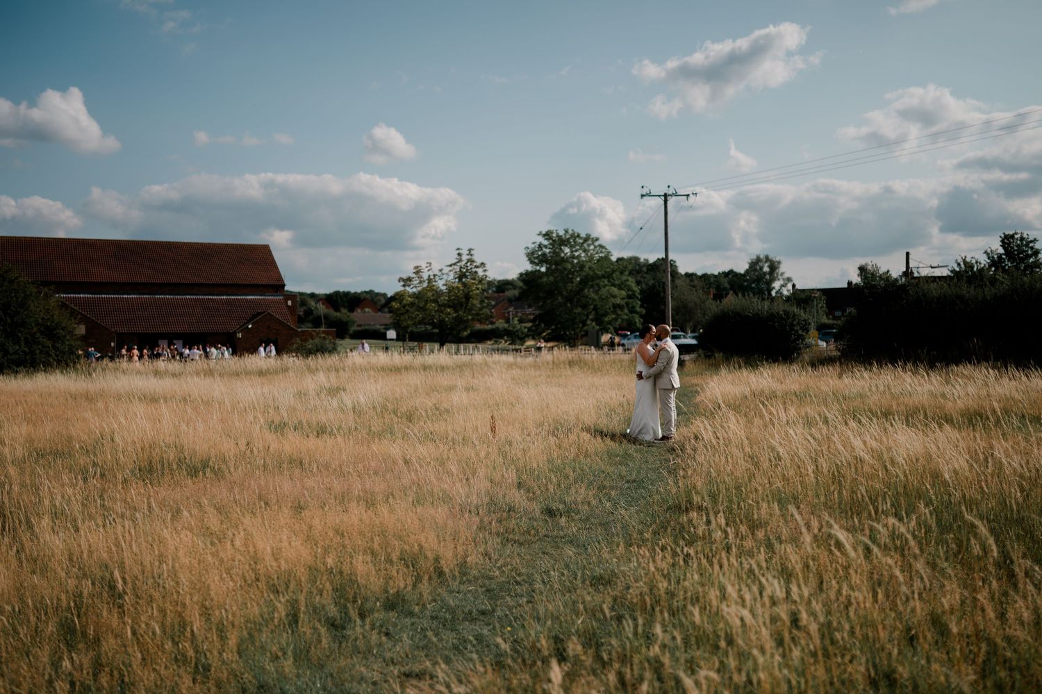 A solitary figure stands on a path through a golden wheat field with buildings in the distance.