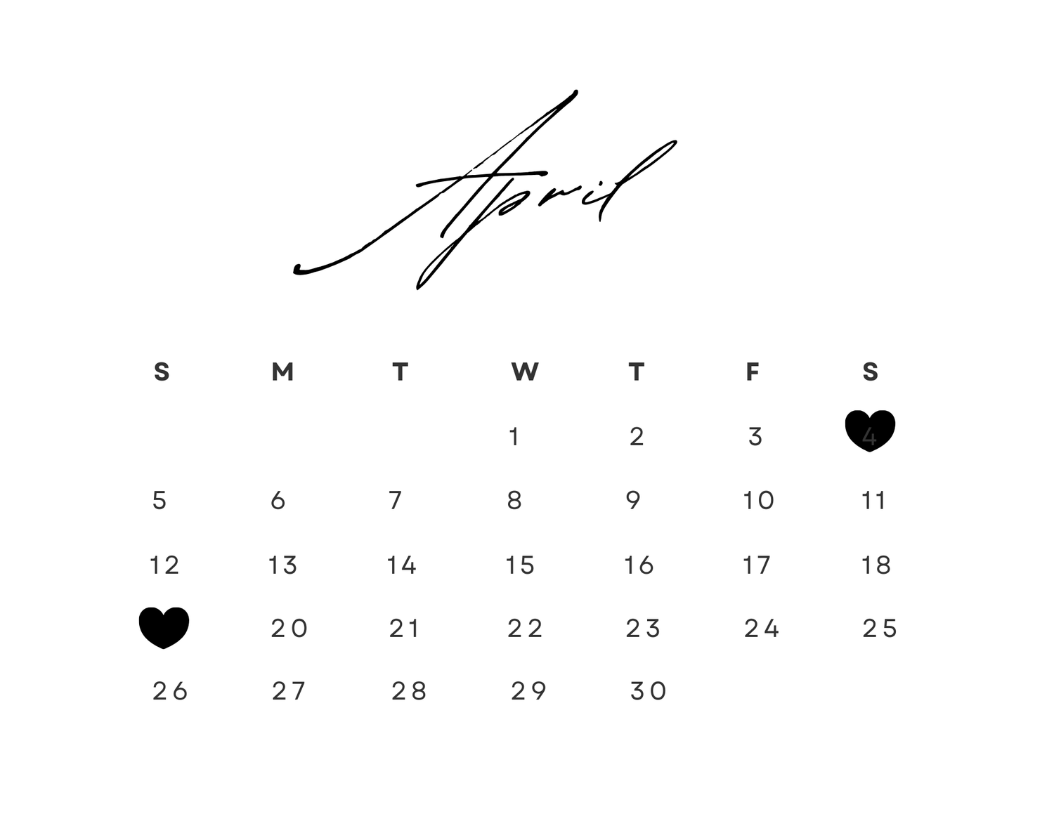 Minimalist April calendar page with cursive header and heart markers on select dates.