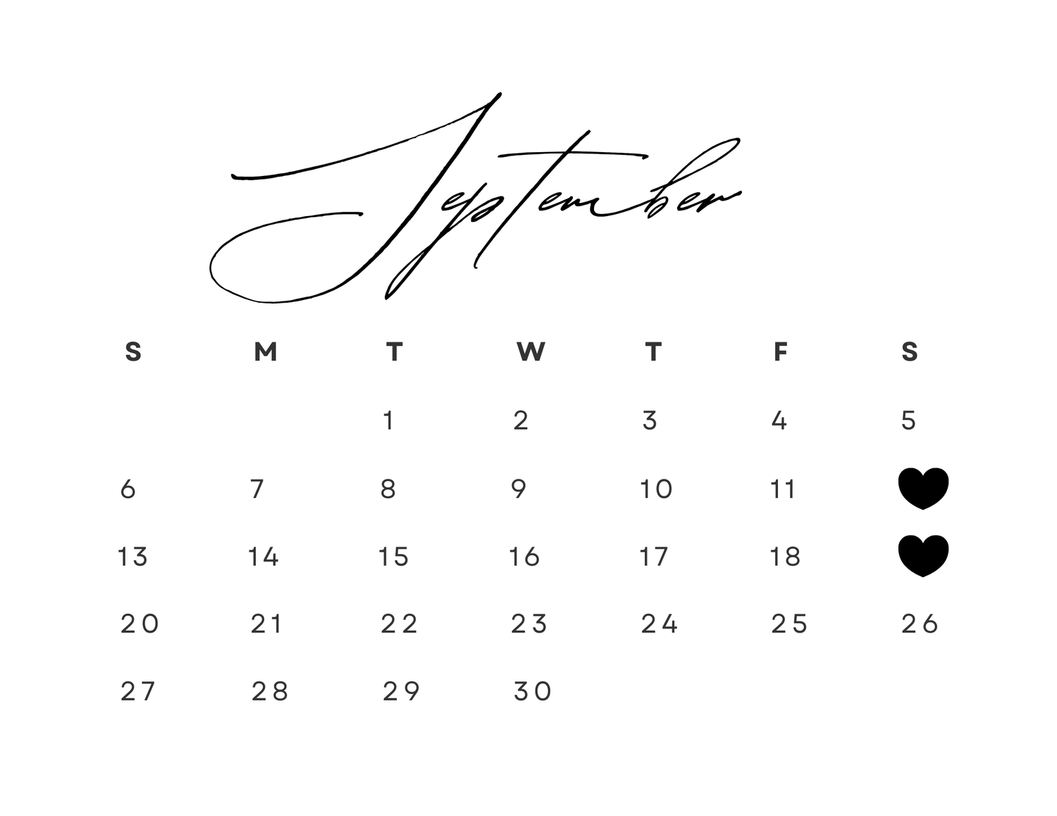 A minimalist calendar page shows September dates in black text with a small heart symbol marking one day.