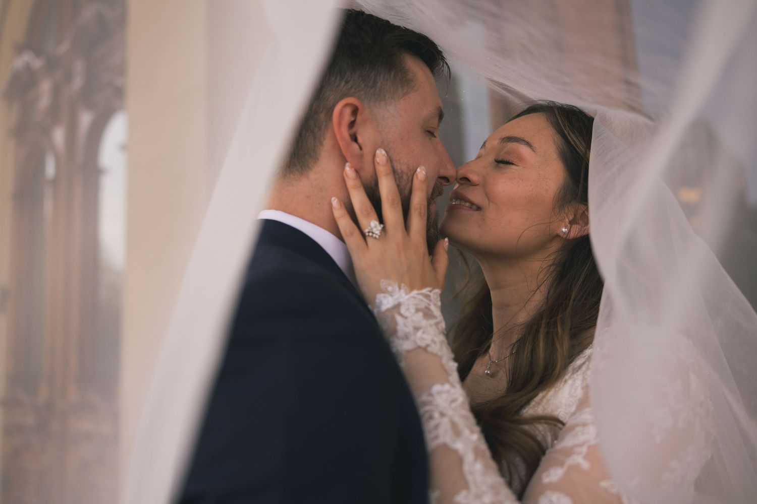 Romantic wedding photo sequence capturing intimate moments between newlyweds.