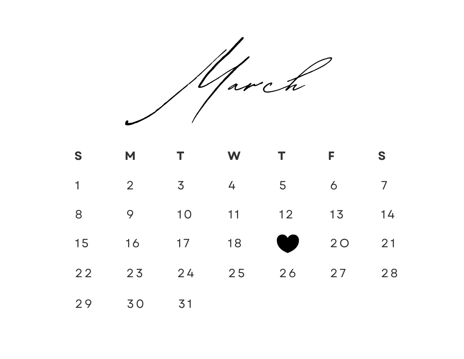 A minimalist black and white calendar page design with heart symbol marking a special date.