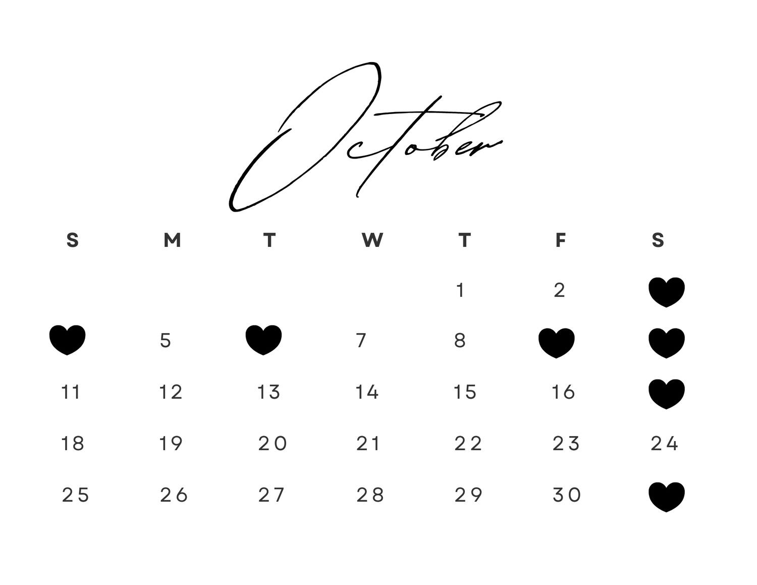 Calendar header design with decorative hearts and elegant script text in black and white.