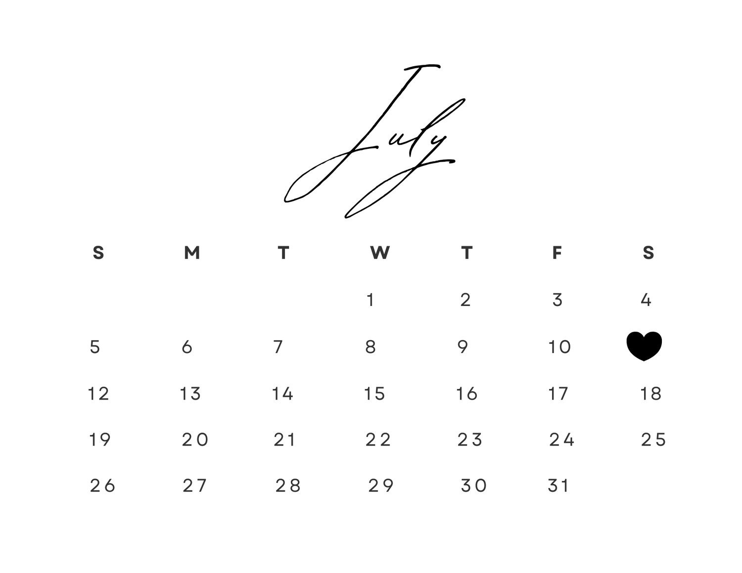 Minimalist July calendar with script lettering and heart marking on July 11.