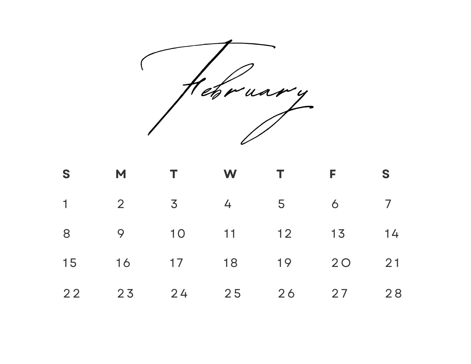 A February calendar page featuring sleek modern design and typography.