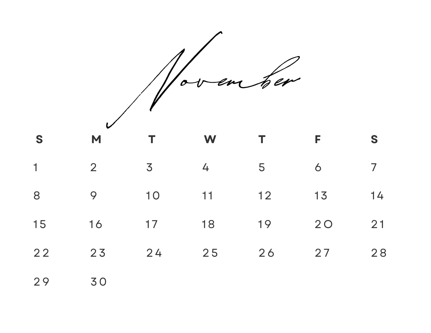 November calendar page featuring flowing script title and minimal design.