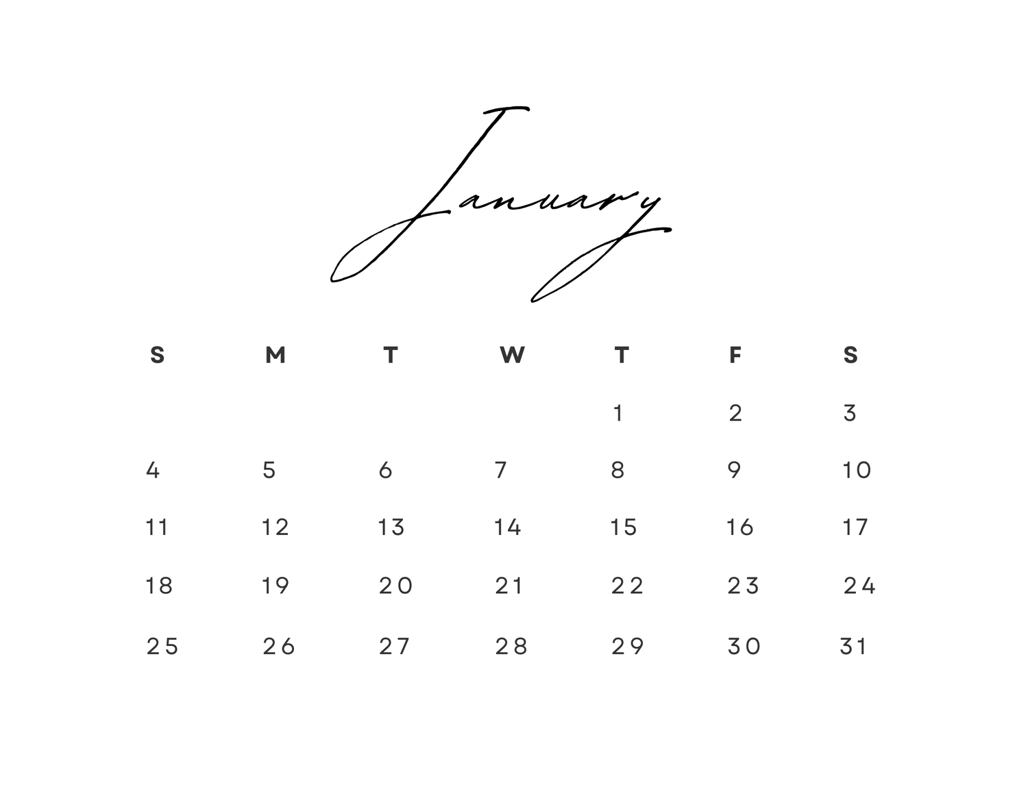 A minimalist January calendar page design with elegant script typography.