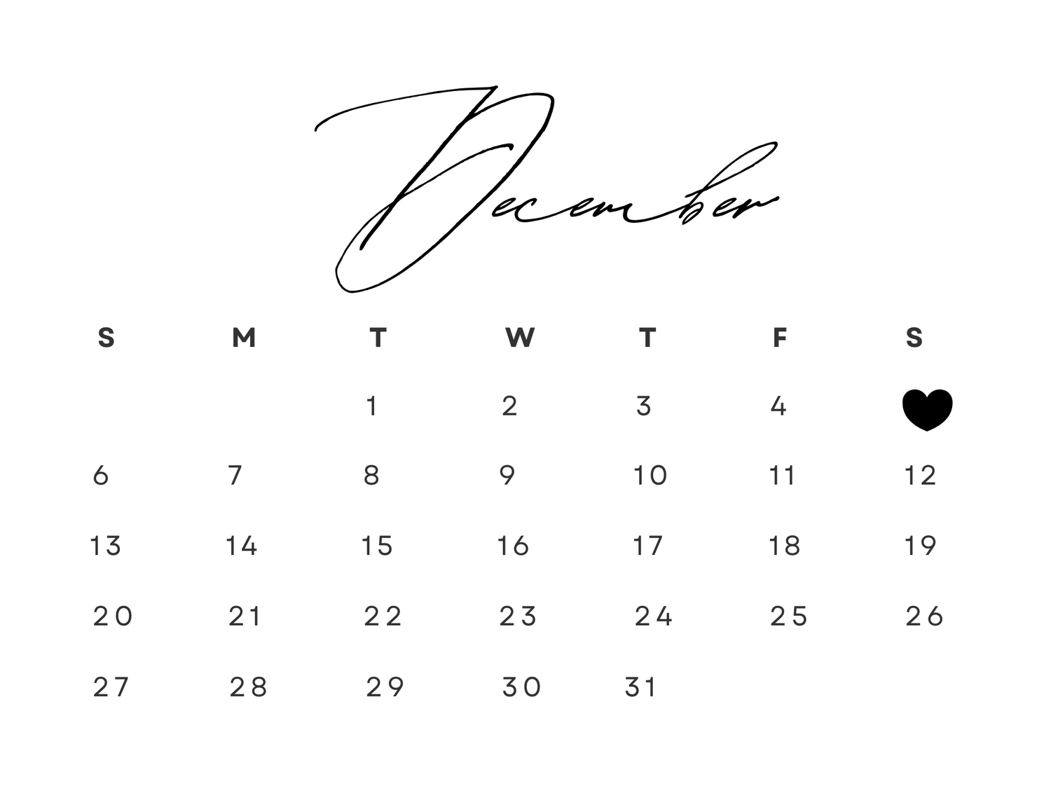 December calendar with elegant script header and heart accent on the first Saturday.