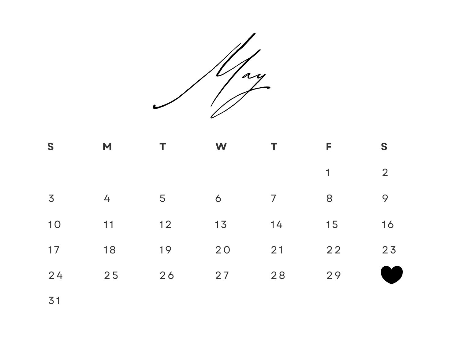 Clean May calendar layout with elegant script title and heart accent on the last day.