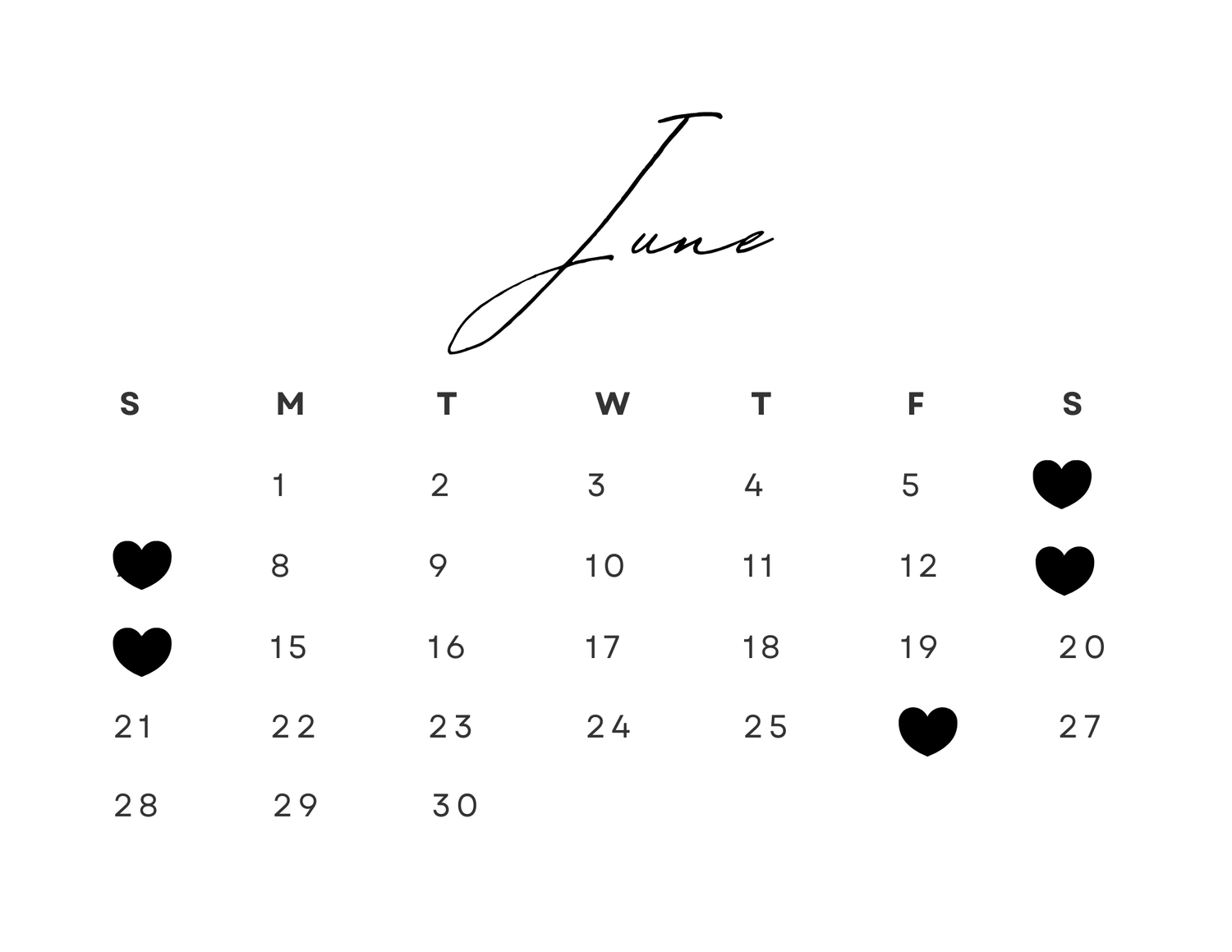 June calendar with heart symbols marking special dates on the 7th, 13th, 14th, 26th days in minimalist black and white design.