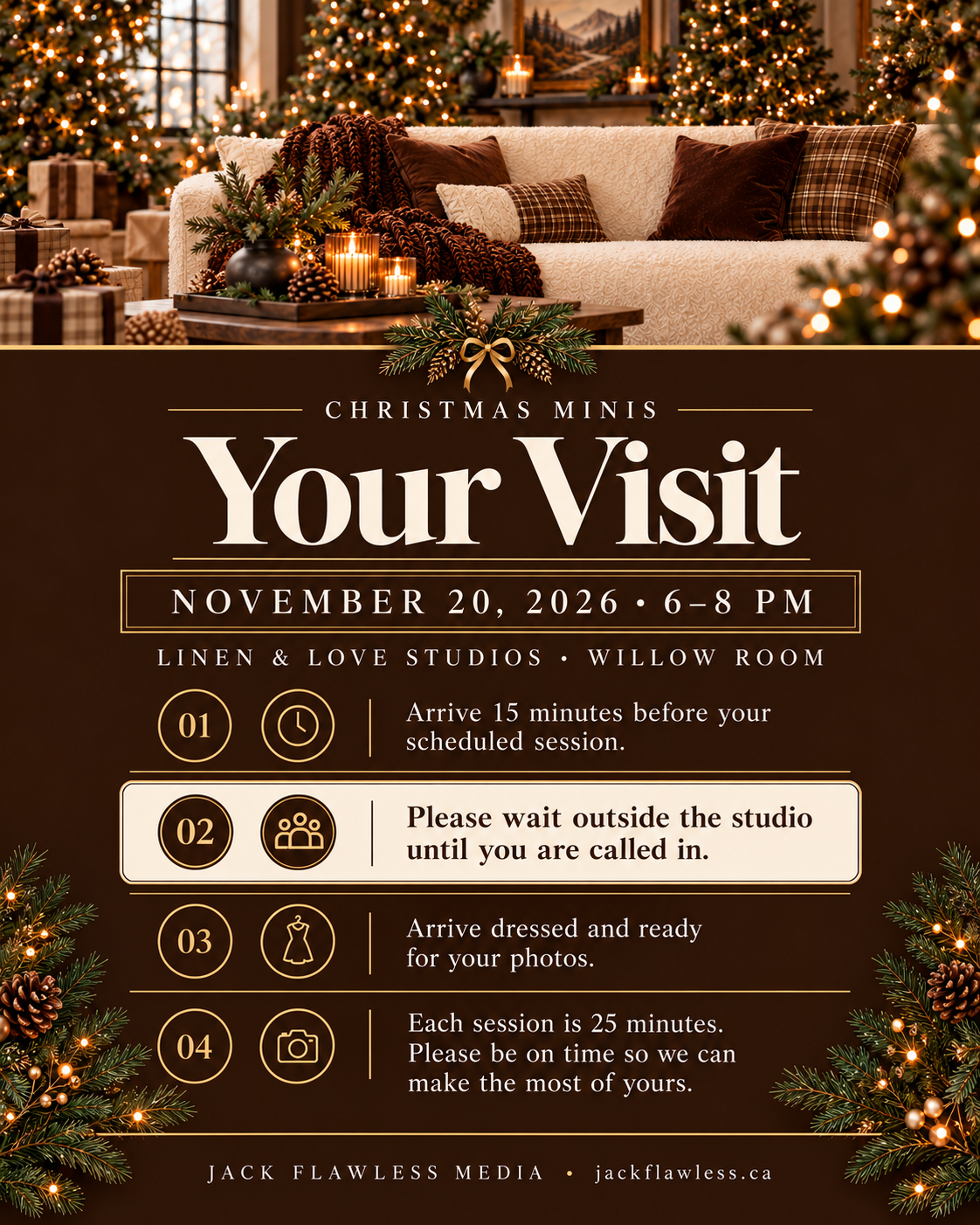 Christmas mini photo session flyer for November 20 2026 at Linen and Love Studios with festive holiday decor and visit instructions.