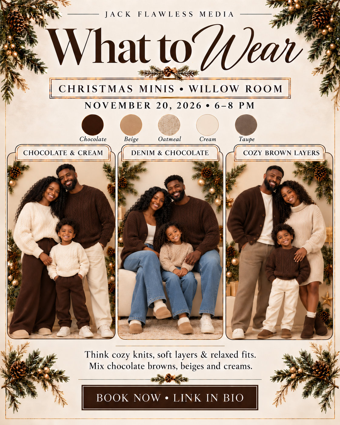 A festive Christmas mini session flyer by Jack Flawless Media featuring Black families in cozy brown, cream, and denim outfits.