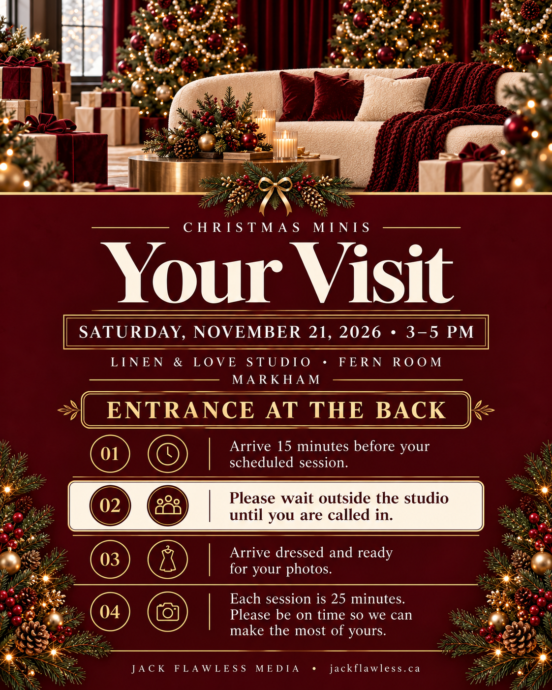 Christmas mini photo session flyer for Linen & Love Studio in Markham on November 21, 2026, with festive holiday decor.
