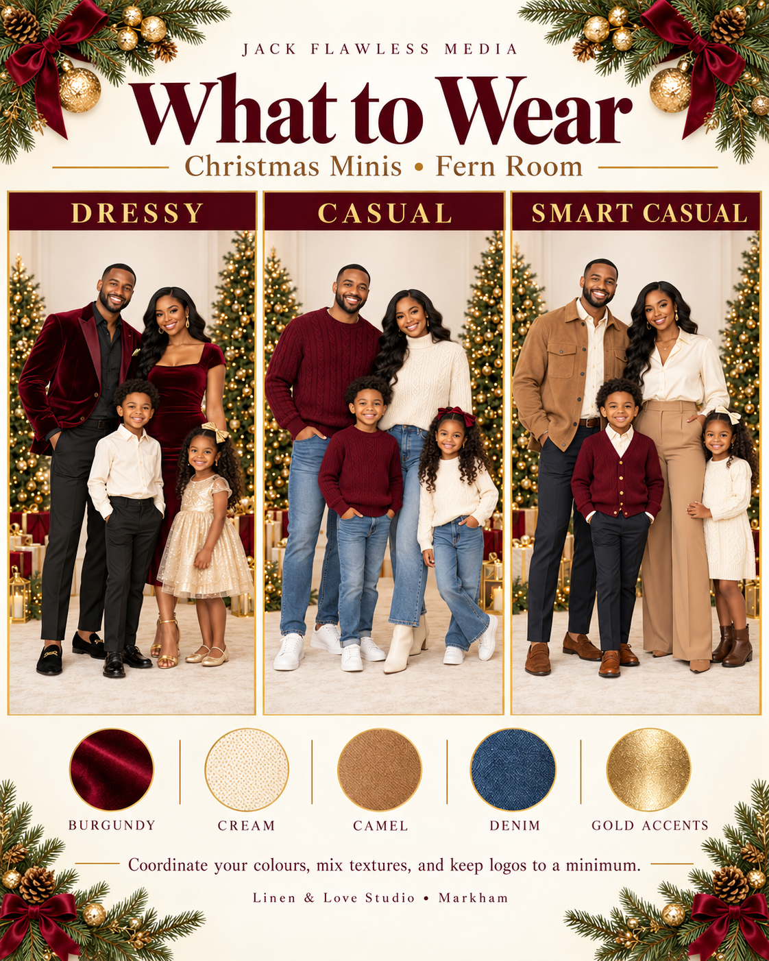 Christmas mini session outfit guide showing dressy, casual, and smart casual family looks in burgundy, cream, camel, denim, and gold.