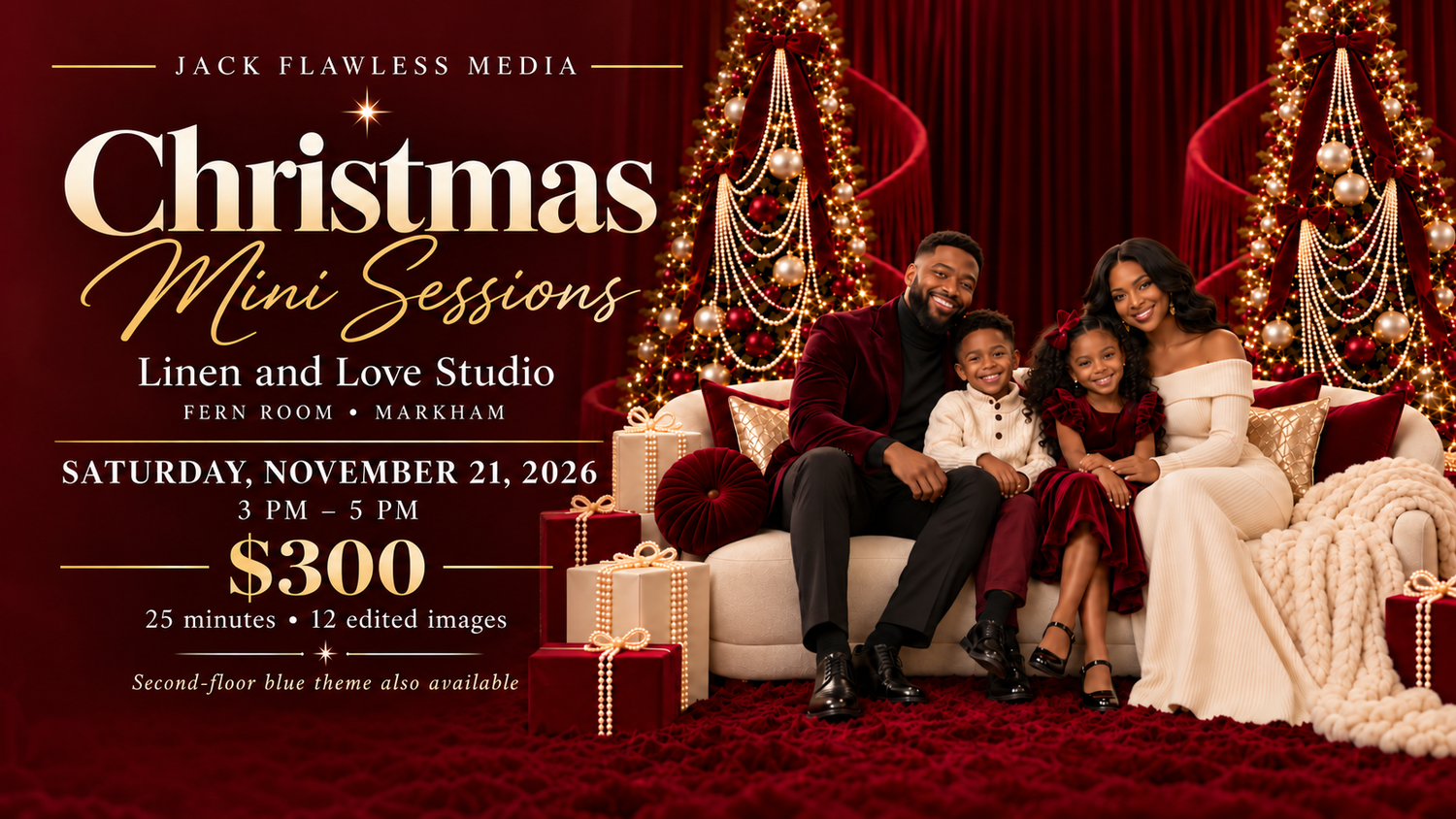 Christmas mini photo session ad featuring a family in festive attire on a red velvet couch with holiday decor.