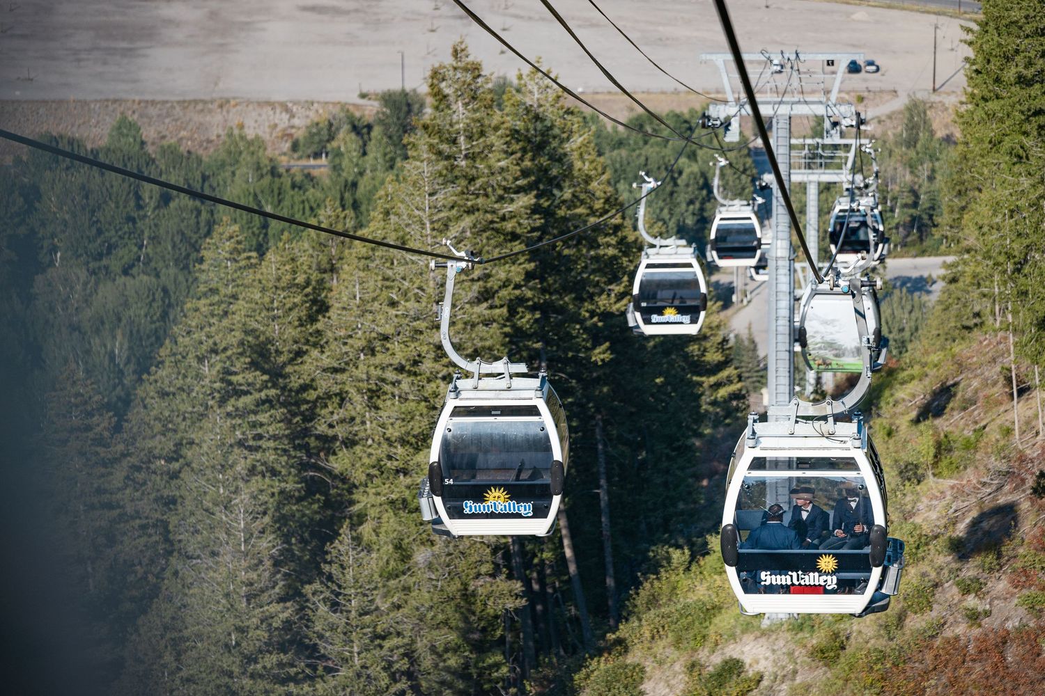 Ski lift gondolas transport visitors up a mountain slope through dense evergreen forest.