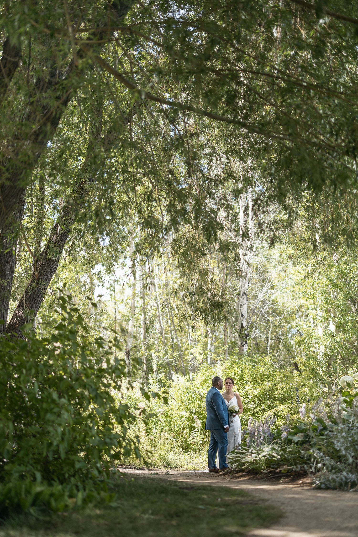 Romantic wedding photos under a canopy of green trees with dappled sunlight.