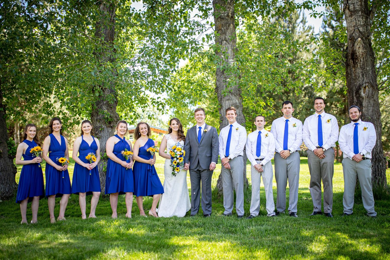 Wedding party in royal blue and gray attire poses on grassy lawn with tall trees in background.