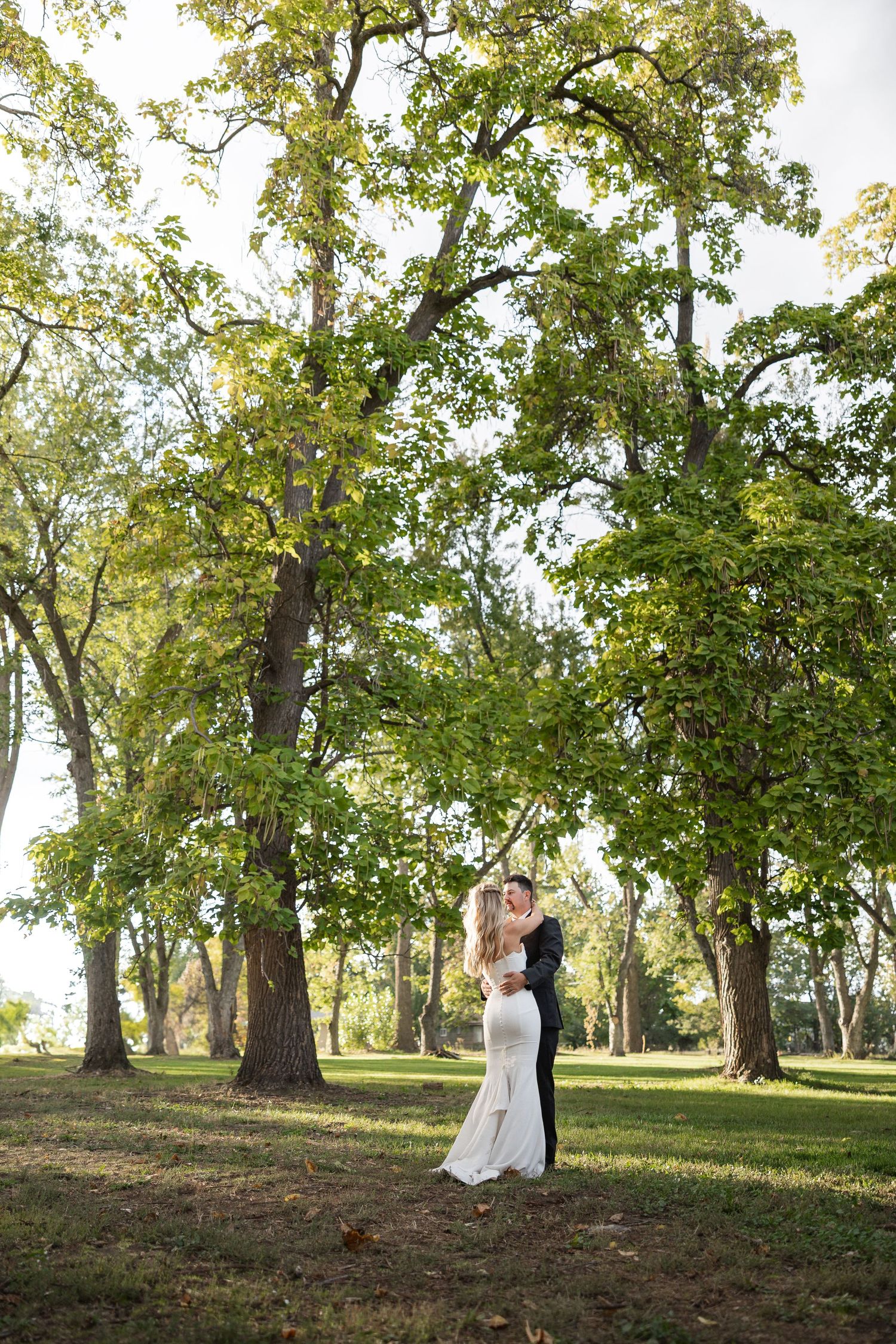 Romantic wedding photography sequence in park with mature trees creating natural backdrop.