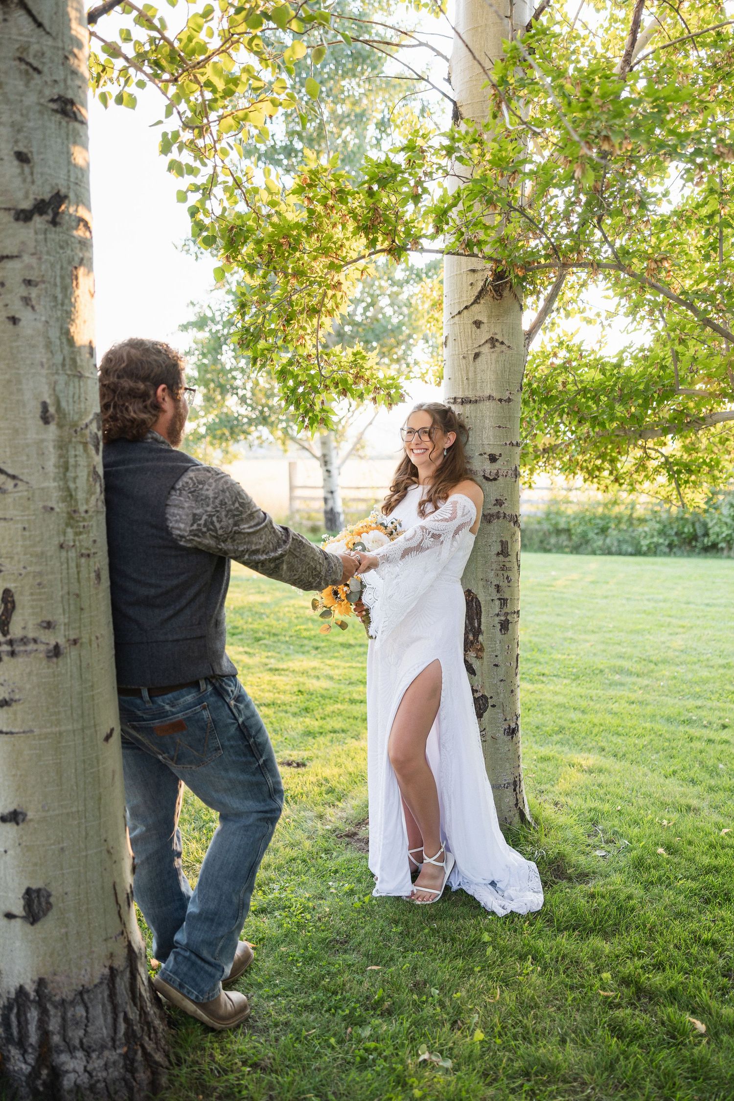 Playful sequence of photos showing someone hiding behind aspen trees in a grassy area during golden hour.