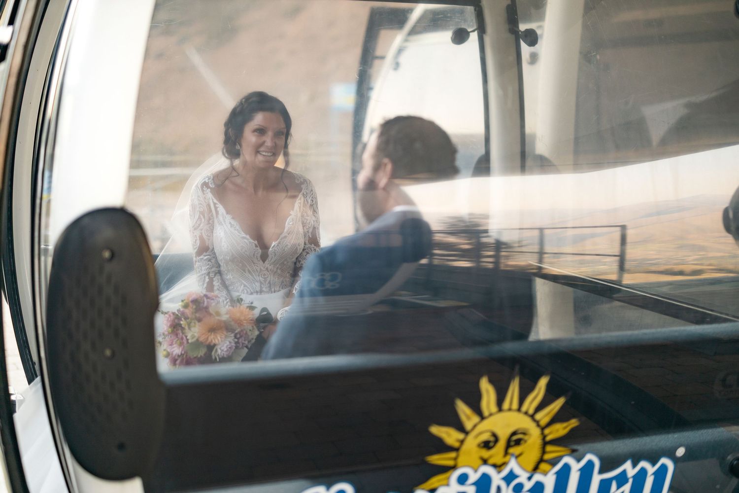 Inside view of a decorated wedding car with sunflower accents and decorative details.