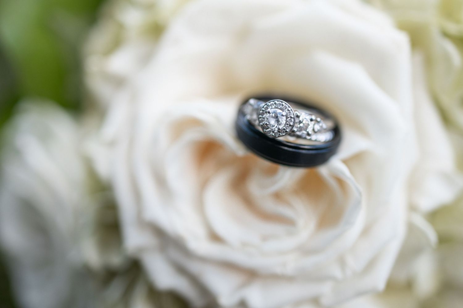 Macro shot of white rose petals with wedding ring detail.