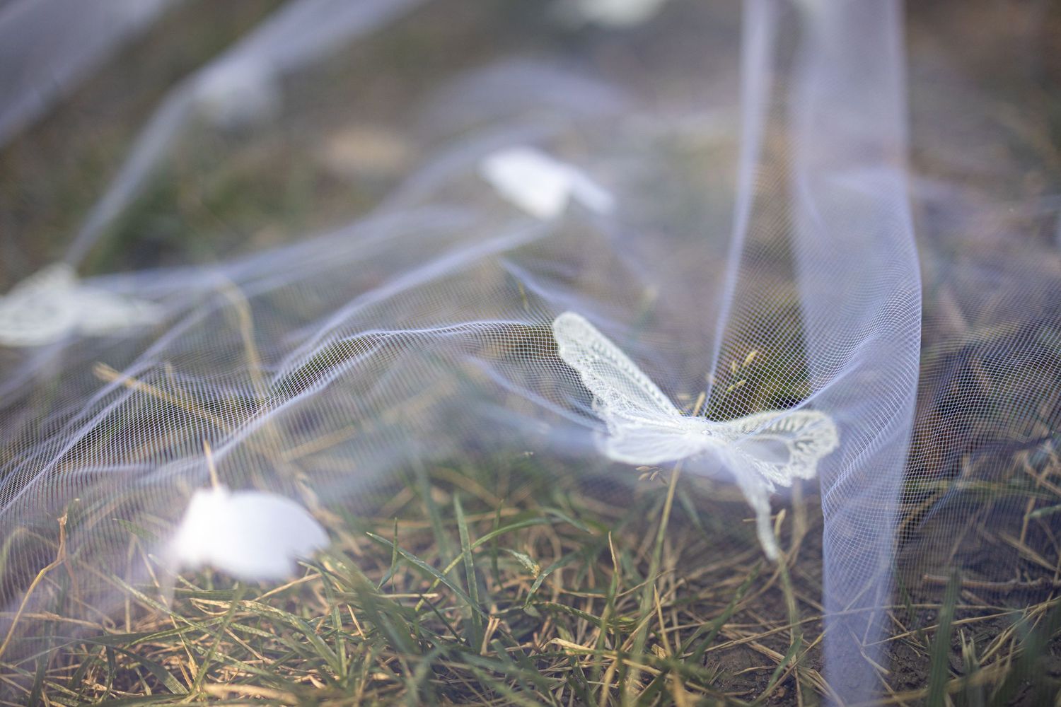 Delicate butterfly decorations rest on a wedding veil against natural grass.