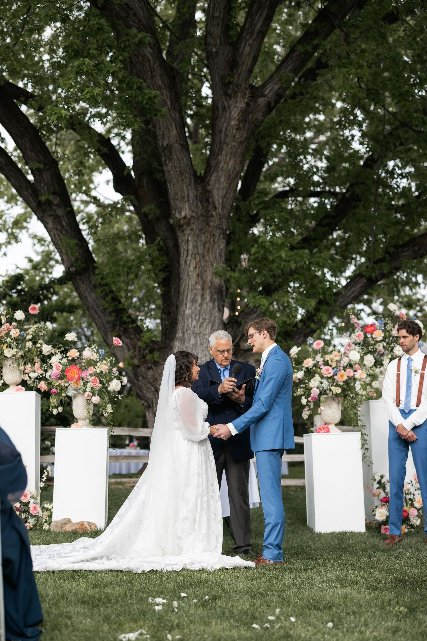 Wedding ceremony under large tree with white pillars and pink floral arrangements.