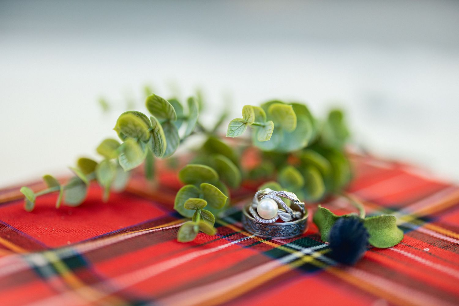 Wedding rings displayed on red plaid fabric with eucalyptus sprigs and blue thistle.