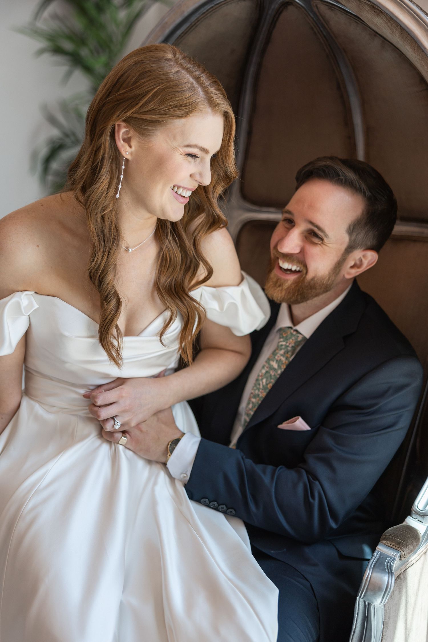 Intimate wedding portraits showing tender moments between couple in vintage setting.