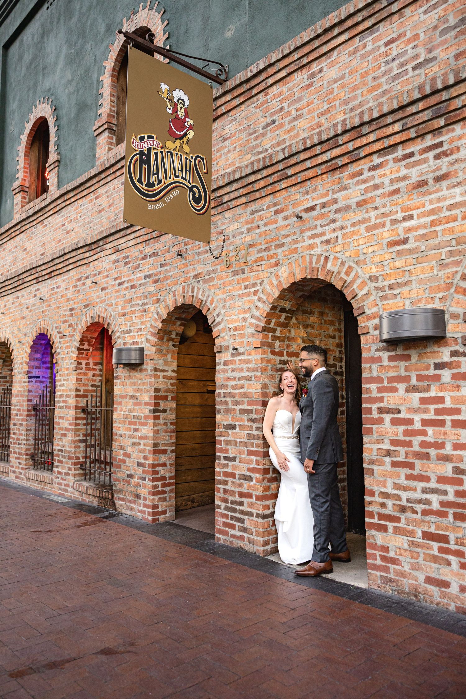 Wedding photo sequence against historic brick archways and walkway.