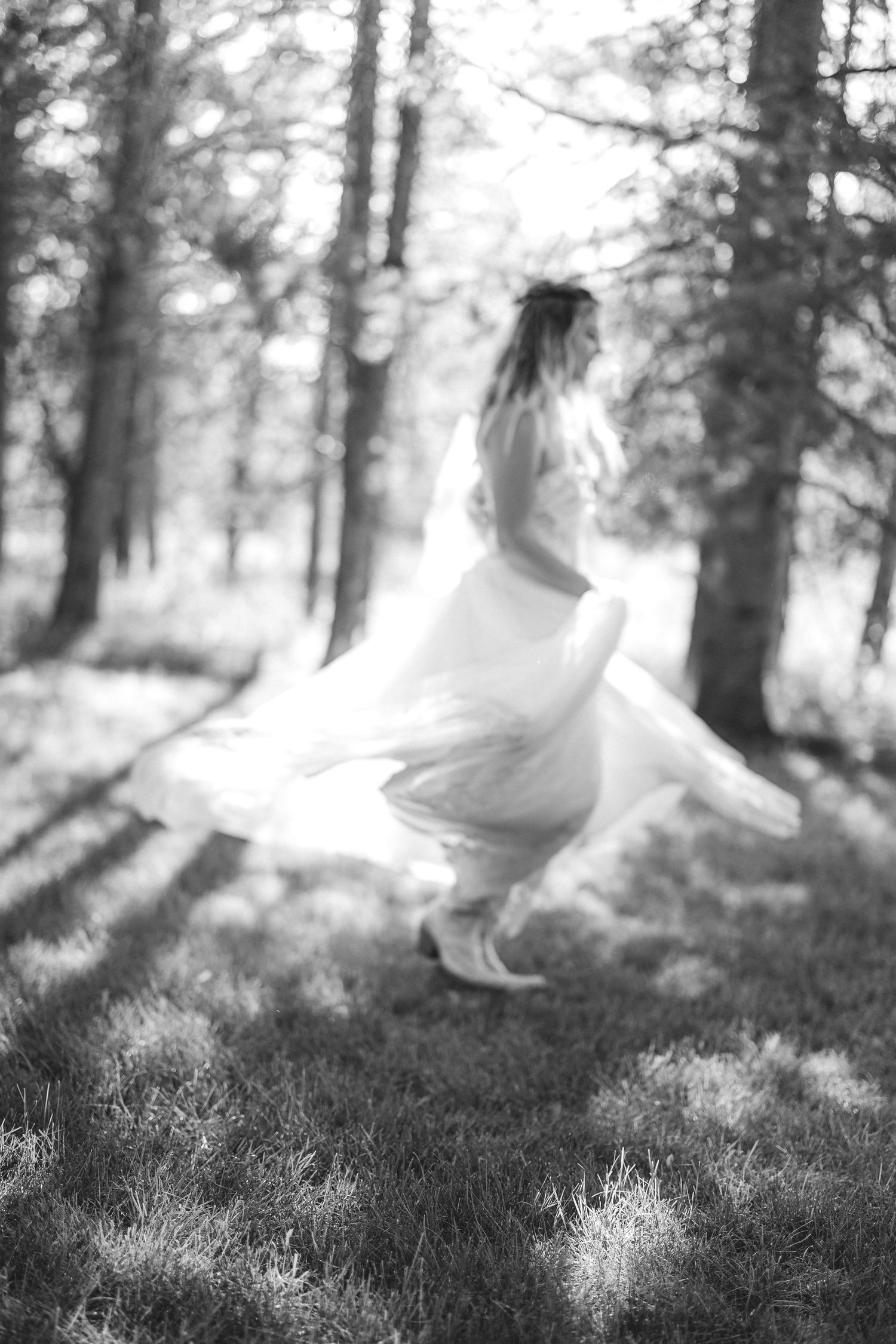 Ethereal black and white forest scene with dreamy motion blur effects.