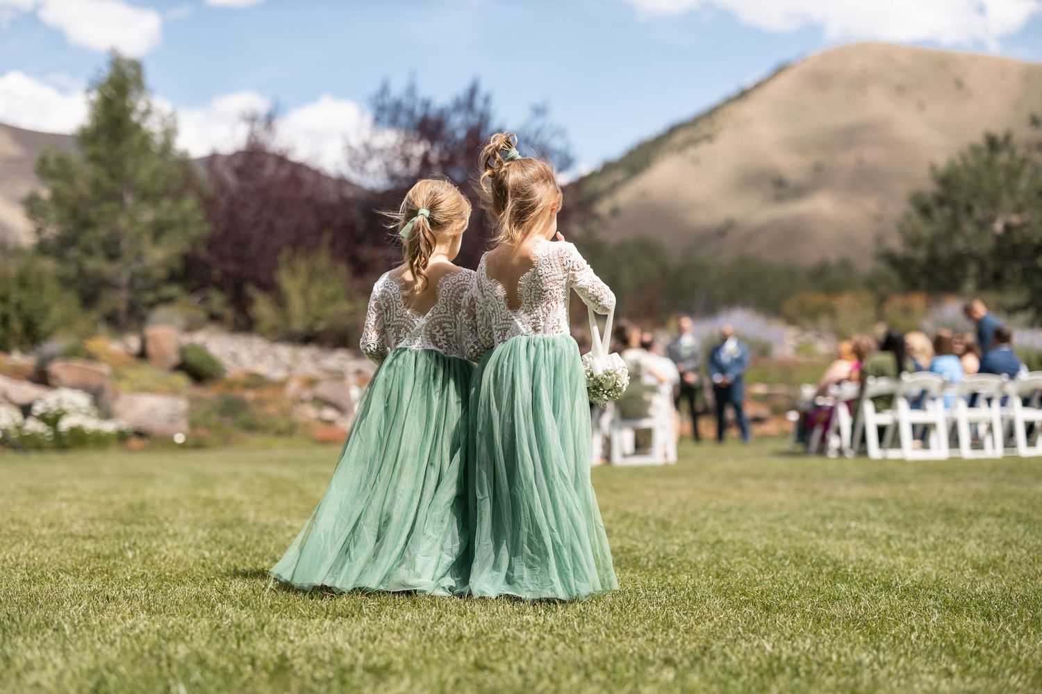 Wedding party in mint green dresses stands on a grassy lawn with mountains in the background.