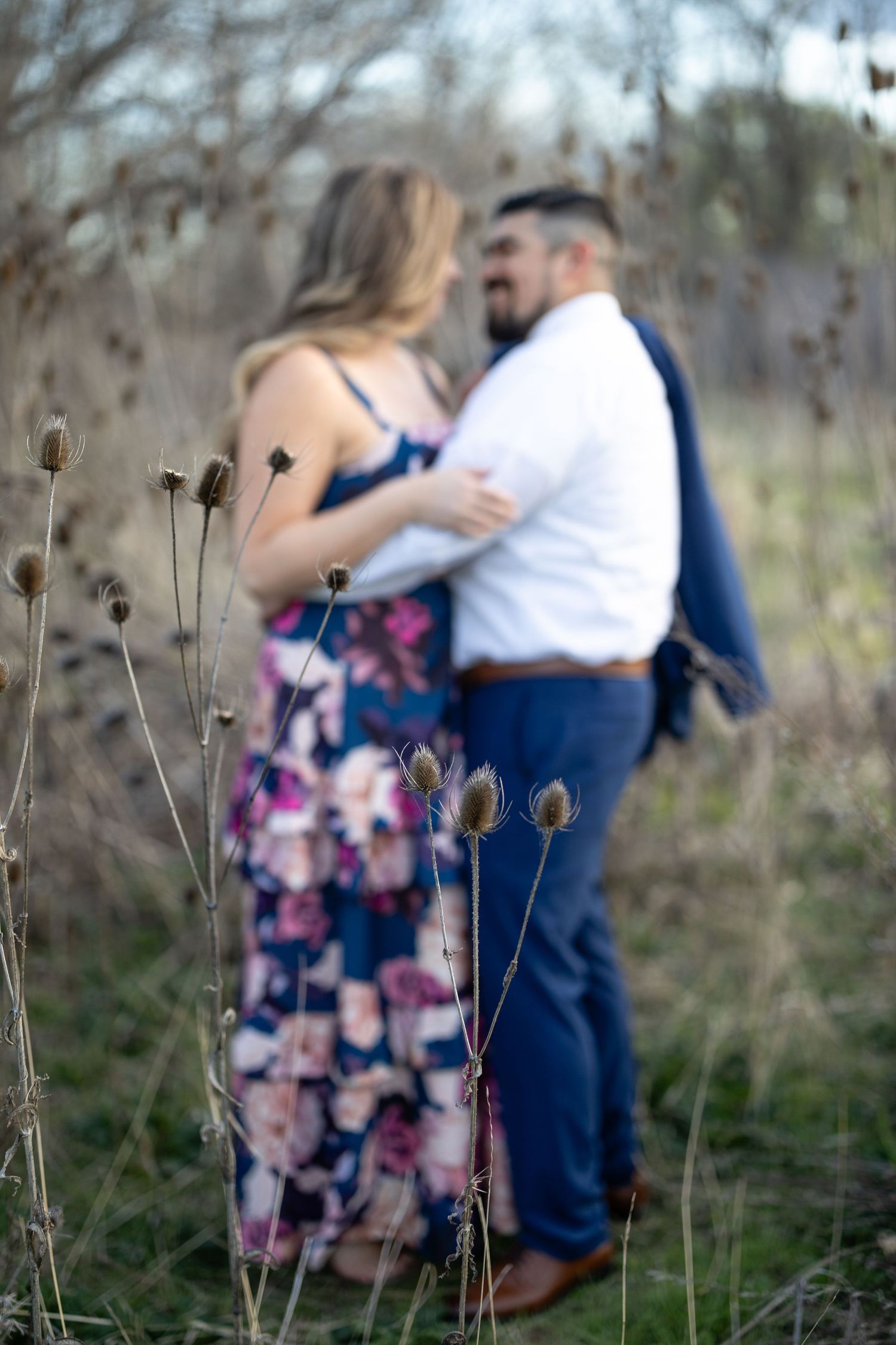 Artistic soft focus shot of a couple embracing in a field with dried plants in the foreground.