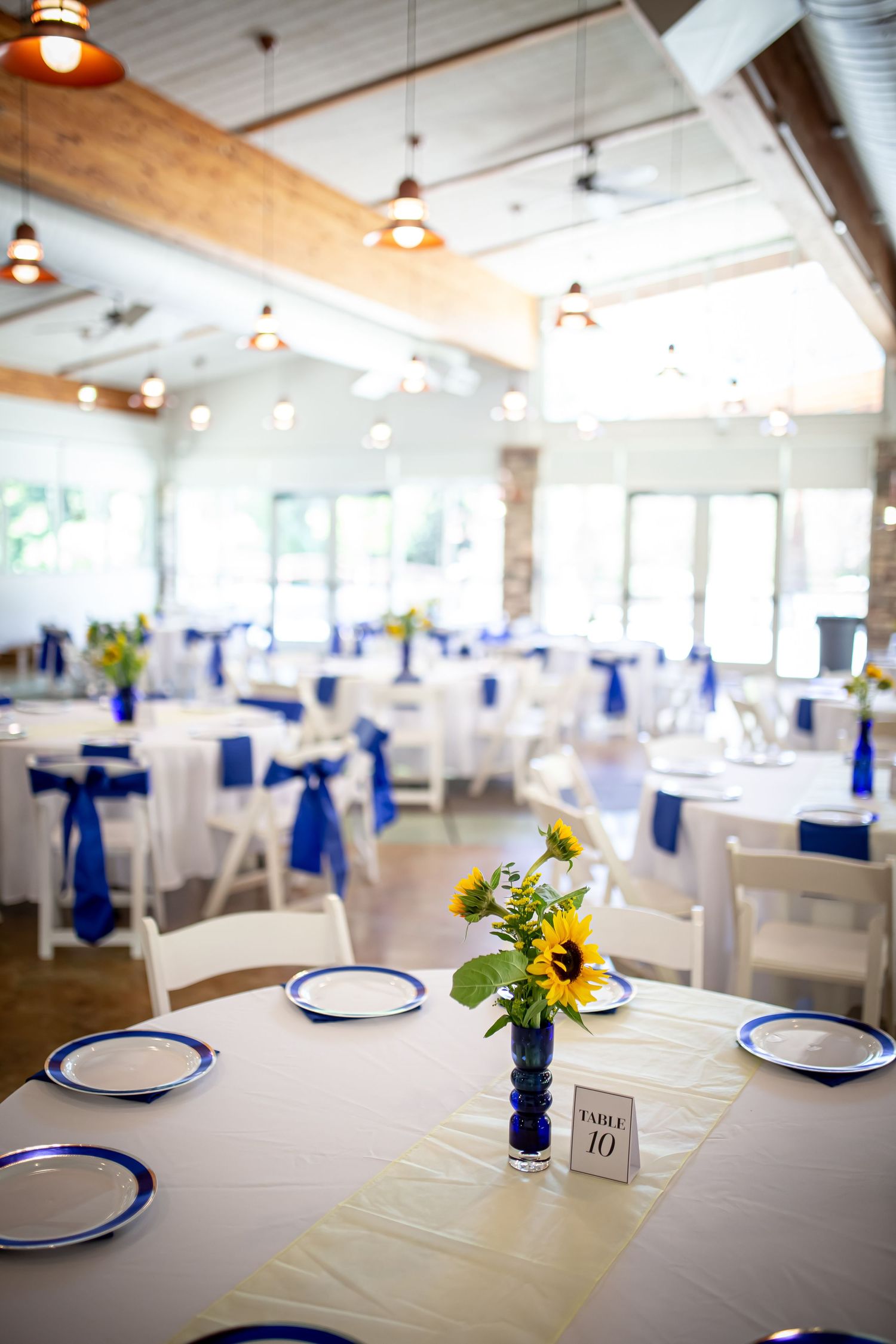 Wedding reception venue decorated with white tables, blue ribbons, and sunflower centerpieces.