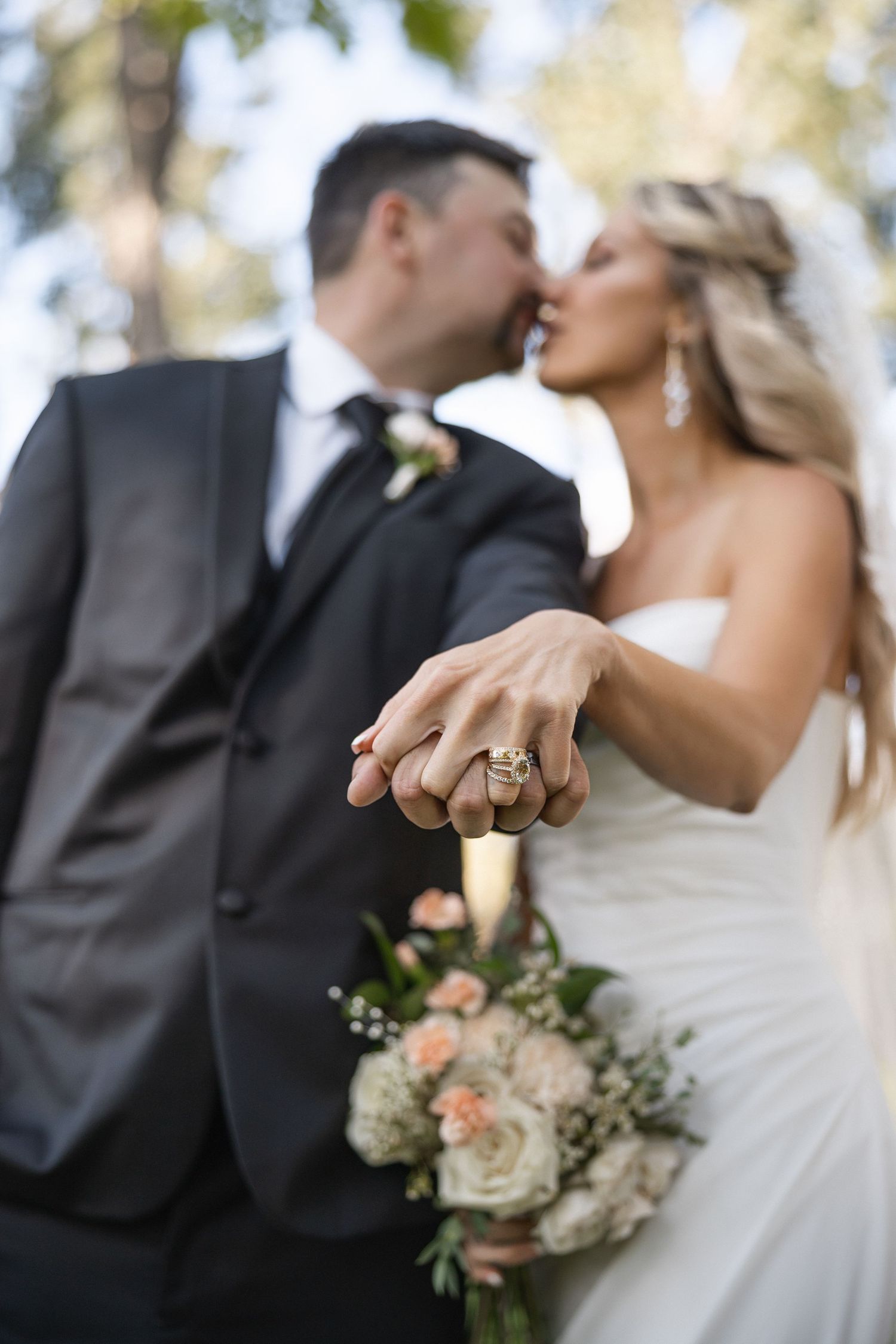 Romantic wedding portrait sequence with couple holding floral bouquet.