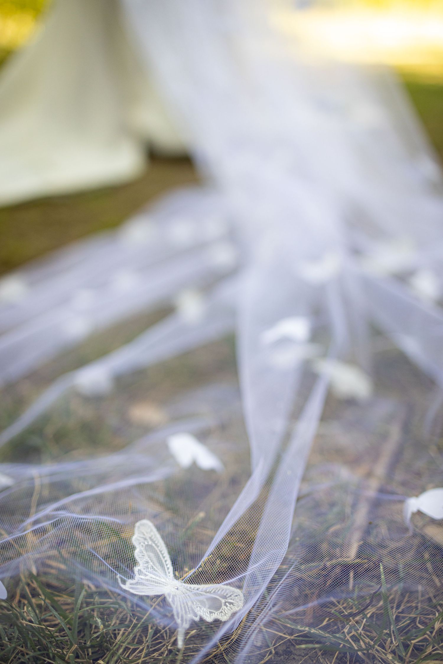 White butterfly ornaments adorn a sheer wedding veil laid on grass.