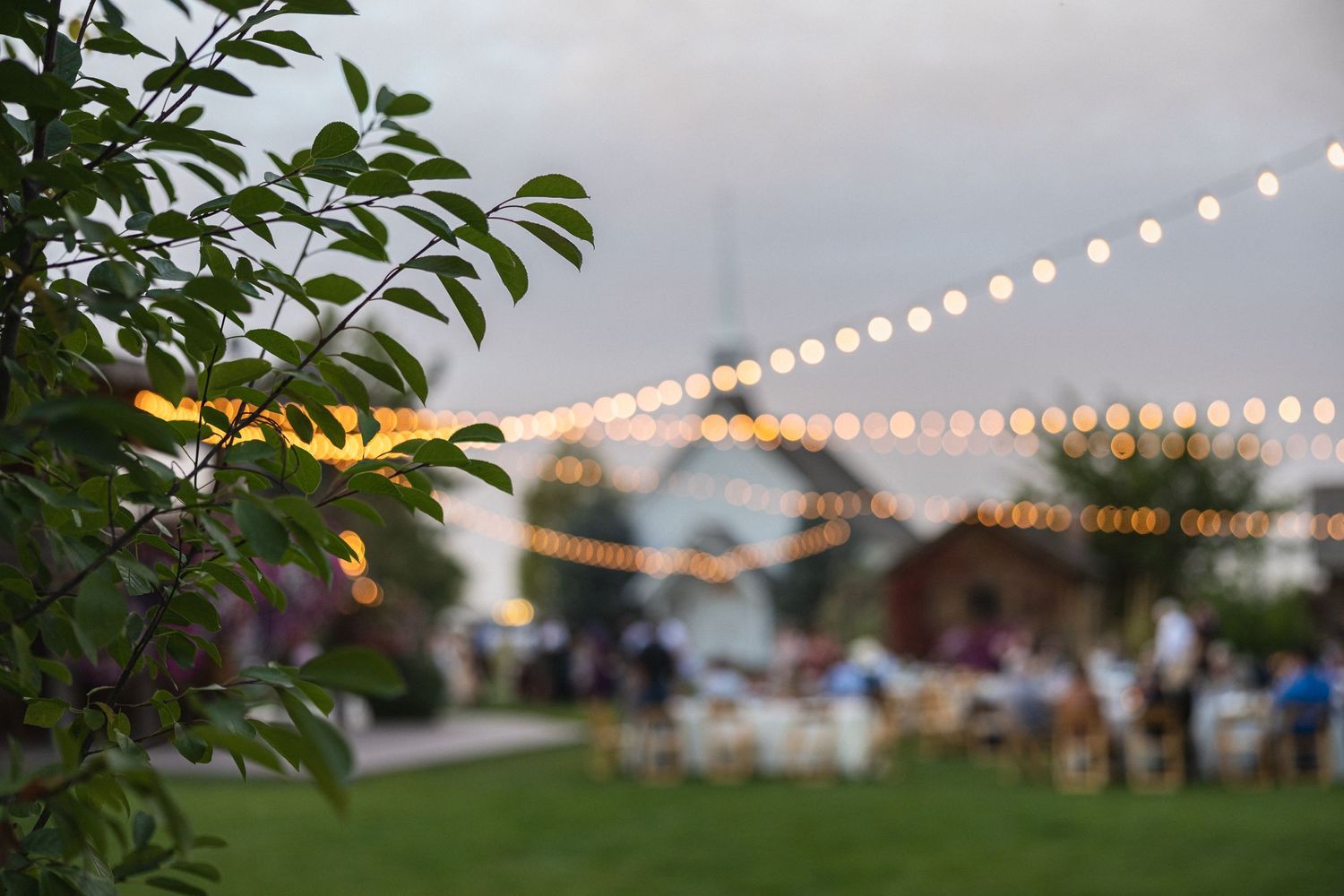 String lights illuminate an outdoor evening gathering with blurred figures in the background.
