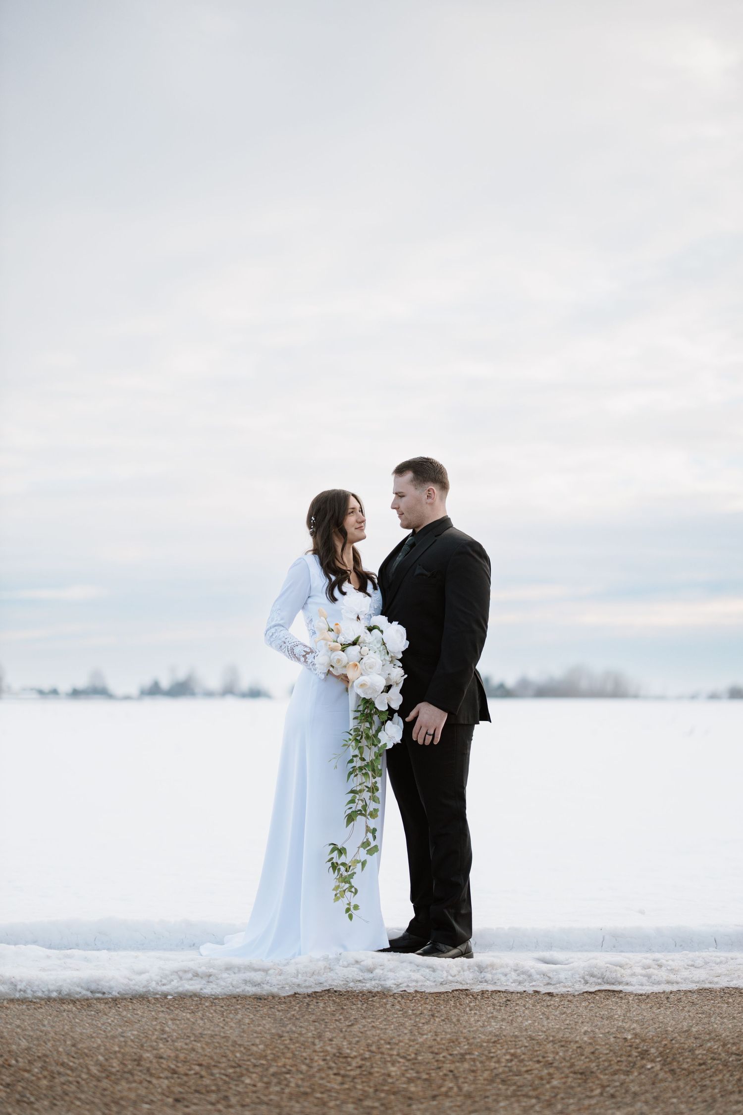 Elegant winter wedding portrait against snow-covered landscape and cloudy sky.