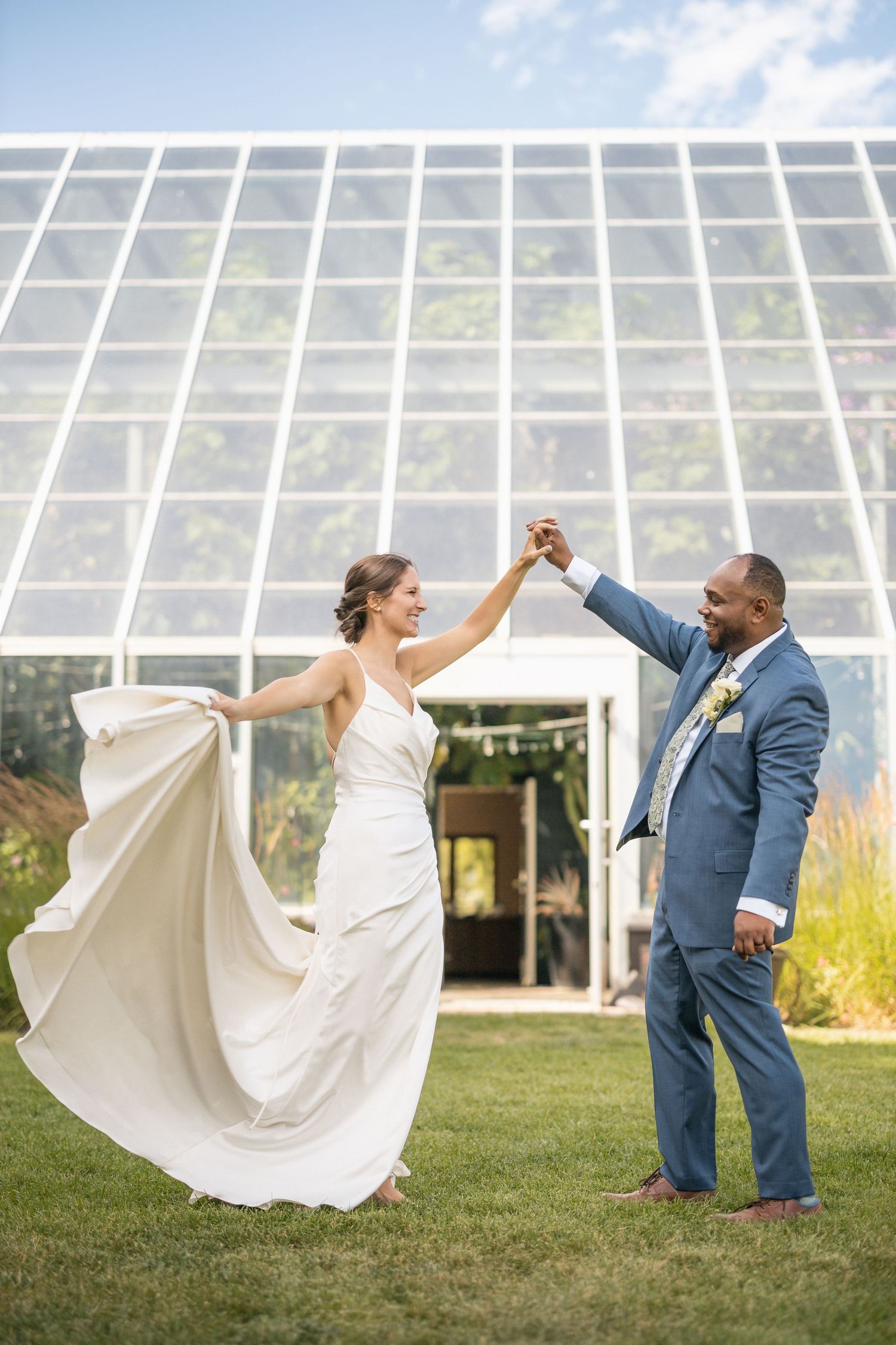 Playful wedding photo sequence showing flowing white dress movements against greenhouse backdrop.
