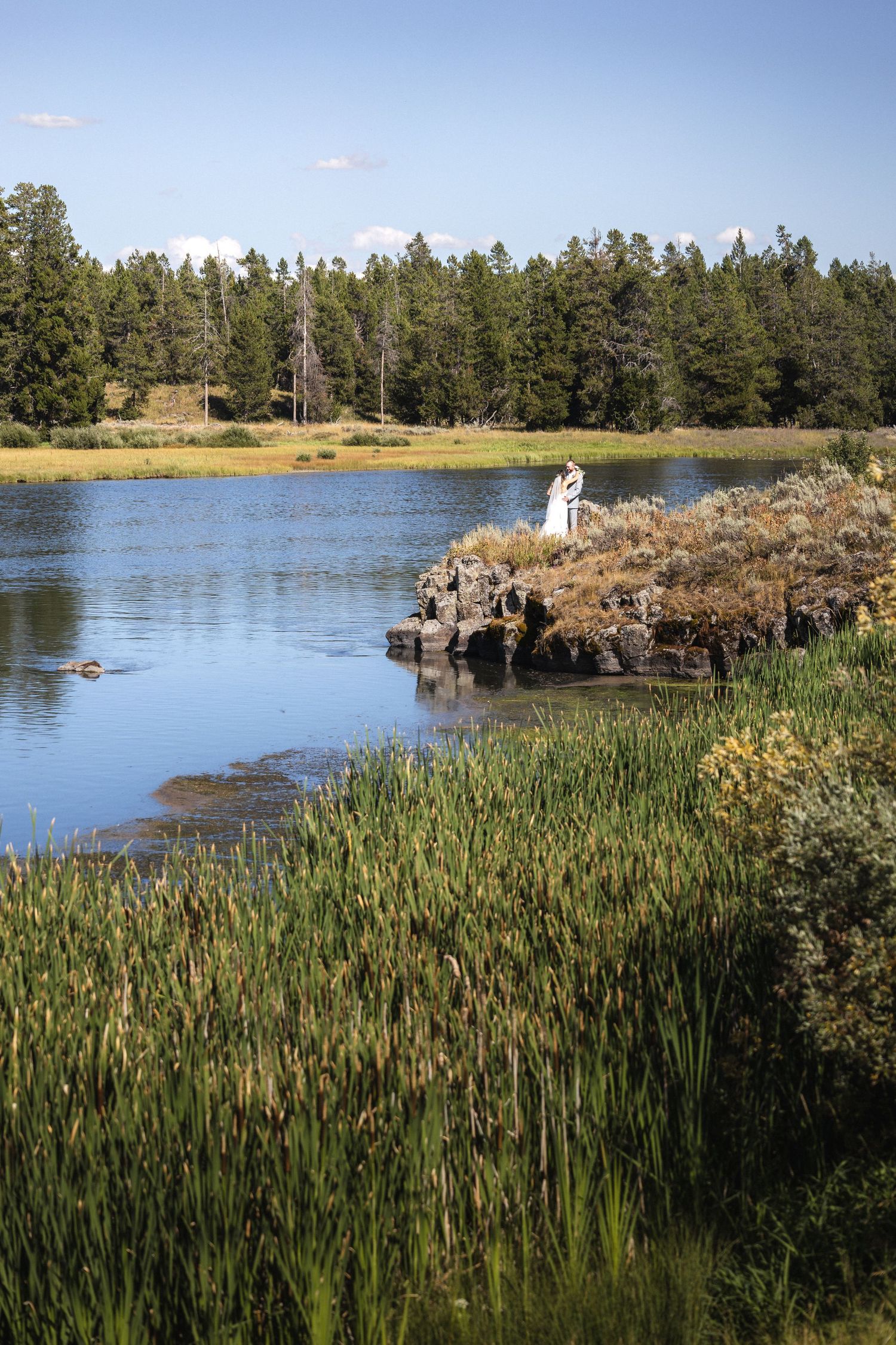 A serene lakeside wedding scene with pine trees and natural landscape in the background.